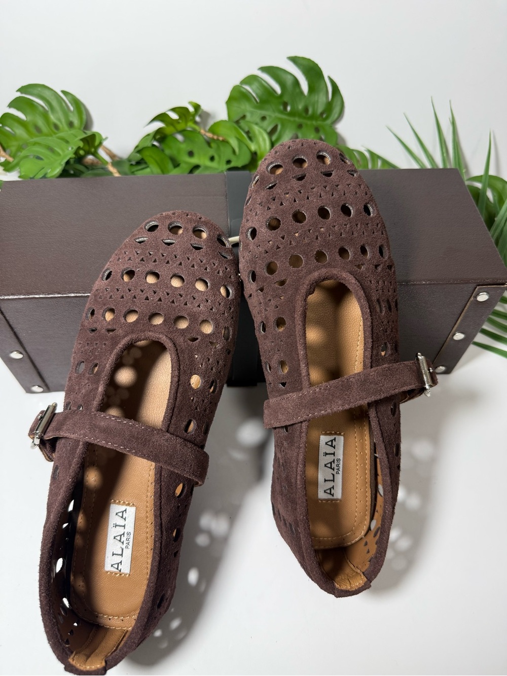 Alaïa Brown Suede Perforated Mary Jane Flats